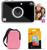 KODAK Printomatic+ Instant Print Digital Camera Starter Bundle + Carrying Case (Pink) + Zink 20pk Sticky-Back Photo Paper - 10MP, Full-Color Photos, GB LED Status Indicator - Black