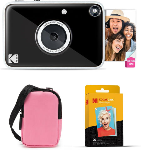 KODAK Printomatic+ Instant Print Digital Camera Starter Bundle + Carrying Case (Pink) + Zink 20pk Sticky-Back Photo Paper - 10MP, Full-Color Photos, GB LED Status Indicator - Black