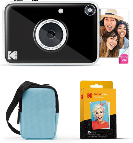 KODAK Printomatic+ Instant Print Digital Camera Starter Bundle + Carrying Case (Blue) + Zink 20pk Sticky-Back Photo Paper - 10MP, Full-Color Photos, GB LED Status Indicator - Black