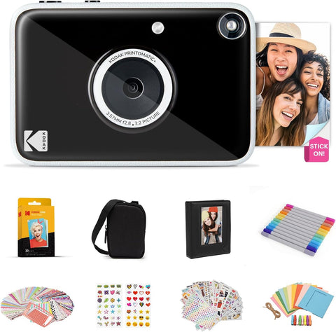 KODAK Printomatic+ Full Color Instant Print Digital Camera Gift Bundle + Case + Zink 2x3" Sticky Back Photo Paper 20pk + Album + Sticker Sets + Sticker Frames + Hanging Frames + Markers Black