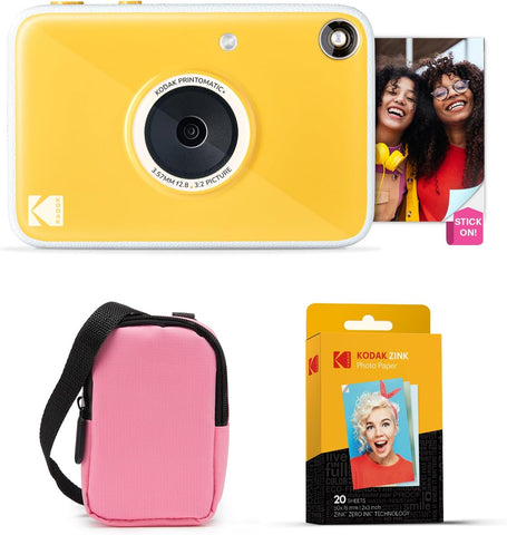 KODAK Printomatic+ Instant Print Digital Camera Starter Bundle + Carrying Case  (Pink) + Zink 20pk Sticky-Back Photo Paper - 10MP, Full-Color Photos, GB LED Status Indicator - Yellow