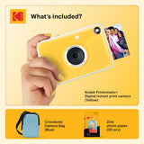 KODAK Printomatic+ Instant Print Digital Camera Starter Bundle + Carrying Case  (Blue) + Zink 20pk Sticky-Back Photo Paper - 10MP, Full-Color Photos, GB LED Status Indicator - Yellow