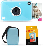 KODAK Printomatic+ Instant Print Digital Camera Starter Bundle + Carrying Case (Blue) + Zink 20pk Sticky-Back Photo Paper - 10MP, Full-Color Photos, GB LED Status Indicator - Blue