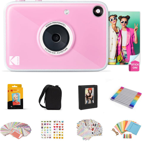KODAK Printomatic+ Full Color Instant Print Digital Camera Gift Bundle + Case + Zink 2x3" Sticky Back Photo Paper 20pk + Album + Sticker Sets + Sticker Frames + Hanging Frames + Markers - Pink