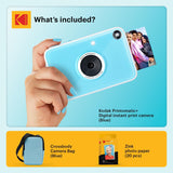 KODAK Printomatic+ Instant Print Digital Camera Starter Bundle + Carrying Case (Blue) + Zink 20pk Sticky-Back Photo Paper - 10MP, Full-Color Photos, GB LED Status Indicator - Blue