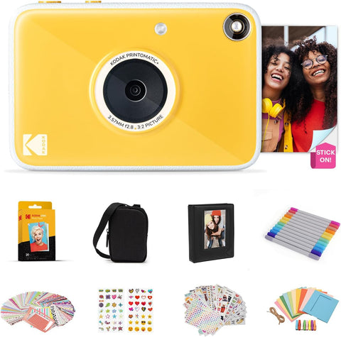 KODAK Printomatic+ Full Color Instant Print Digital Camera Gift Bundle + Case + Zink 2x3" Sticky Back Photo Paper 20pk + Album + Sticker Sets + Sticker Frames + Hanging Frames + Markers - Yellow