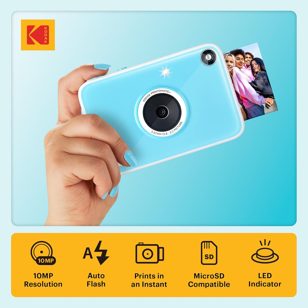 KODAK Printomatic+ Instant Print Camera (Blue) 10MP, RGB LED, Zink Ph ...